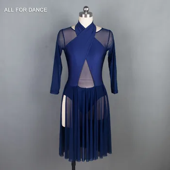 18709 Детское и взрослое темно-синее платье для балета, лирических и современных танцев с длинным рукавом с сексуальной сетчатой спинкой