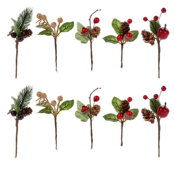 30шт Красных рождественских ягод и сосновых шишек с ветками Падуба для праздничного цветочного декора Цветочные поделки