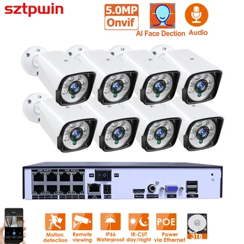H.265 + 8CH 5MP POE Security Camera System Kit Аудиомагнитофон Rj45 С Распознаванием Лица IP-Камера Наружного Водонепроницаемого Видеонаблюдения Video NVR