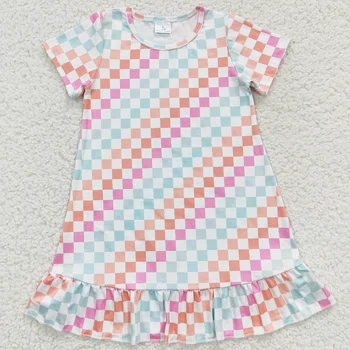 RTS Платье для маленьких девочек с коротким рукавом Милая детская одежда Красочные платья с решеткой для девочек Модные платья для маленьких девочек оптом