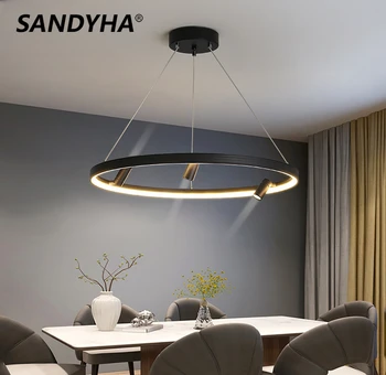 SANDYHA Современная простая светодиодная люстра с прожектором, подвесные светильники с черным кольцом для спальни, гостиной, столовой, внутреннего подвесного светильника