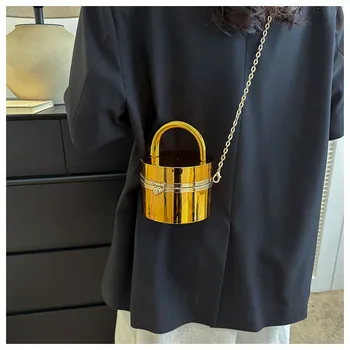 Акриловая сумка-цилиндр на одно плечо Золотистого цвета, вечерняя сумочка для женщин, маленькая сумка на цепочке в форме коробки