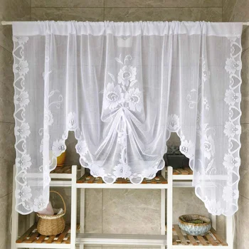 Белые кружевные короткие занавески для кухонного шкафа, декора кабинета, маленьких окон, шторы на бретелях, завязки, шторы из элегантной цветочной вуали