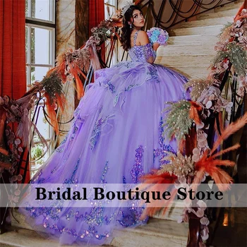 Блестящие фиолетово-лавандовые пышные платья принцессы с открытыми плечами, аппликации из пайеток, роскошные платья для 15-го выпускного вечера