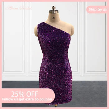 Блестящие фиолетовые блестки мини Bodycon коктейльные платья для женщин 2023 одно плечо короткое обтягивающее платье для вечеринки