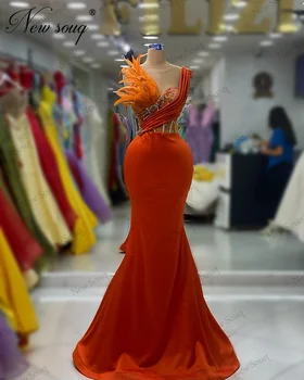 Вечерние платья Оранжевой русалки на заказ, платья для выпускного вечера с бисером и перьями, Новейшее вечернее платье на бретельках в Дубае, Длинное платье