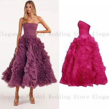 Винтажное платье для выпускного вечера с 3D цветами без бретелек для женщин, элегантные стильные вечерние платья чайной длины для юниорок, плиссированные платья