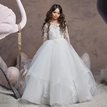 Детское свадебное платье с кружевами, длинный рукав, круглый вырез, детская прогулка, ведущее шоу, пышная юбка