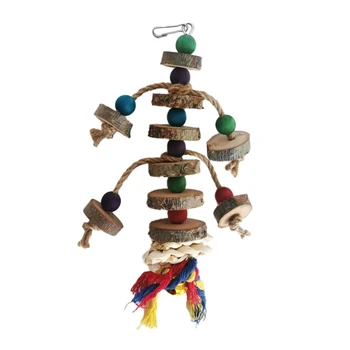 Игрушка для жевания попугая, деревянные кубики, бусины и хлопчатобумажная веревка с металлическим крючком для подвешивания.
