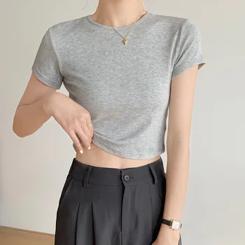 Короткая женская футболка с короткими рукавами, летняя одежда 2023 года, новый стиль, вне spice girl, на пуговицах, сверху, снизу, черная