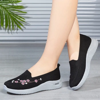 Кроссовки Женские Сетчатые дышащие комфортные туфли для мамы с цветочным рисунком, мягкая однотонная модная обувь, женские легкие Zapatos de mujer