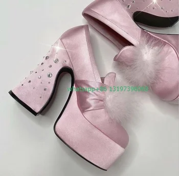 Леди мех розовое пятно Лолита Мэри Джейнс дизайн платформы Y2K Готический стиль высокие каблуки перо розовые элегантные туфли размер 35-46 обувь