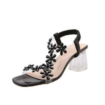 Летние женские босоножки с украшением в виде цветка из ПВХ, толстый каблук, ремешок с открытым носком, эластичная лента, элегантная модная женская обувь