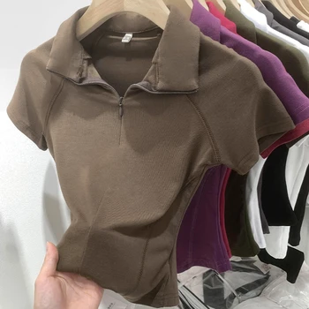 Летние женские короткие футболки с воротником-поло на молнии, новинка 2023 года, повседневные тонкие рубашки с коротким рукавом, корейские шикарные топы, женские топы
