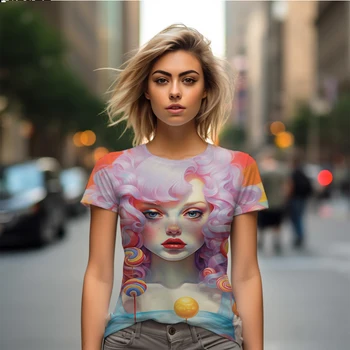 Летняя новая женская футболка с 3D-принтом candy girl, милая повседневная женская футболка, модная женская футболка
