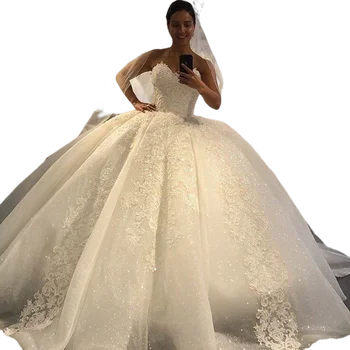Модные свадебные платья с кружевными аппликациями без рукавов в виде сердца 2023, Придворный поезд, Пышное свадебное платье большого размера