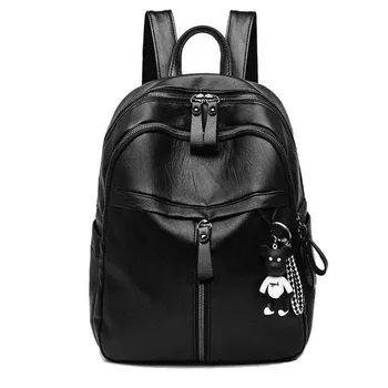 Модный женский черный повседневный рюкзак Wild, женский рюкзак большой емкости на молнии, сумка-ранец с подвеской в виде Медведя