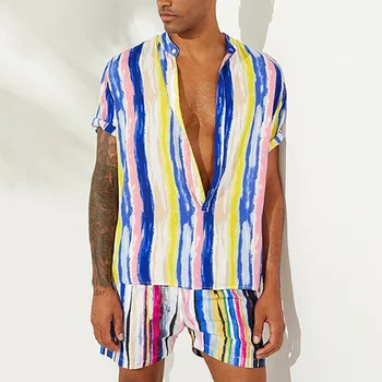 Мужской комплект летней пляжной одежды из 2 предметов, полосатые рубашки на пуговицах и шорты, комплект