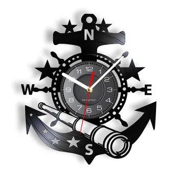 Настенное искусство Парусной лодки Дизайн яхты Настенные часы Home Deor Винтажная Корабельная Виниловая пластинка Настенные часы Marina Scene Телескоп Настенные часы