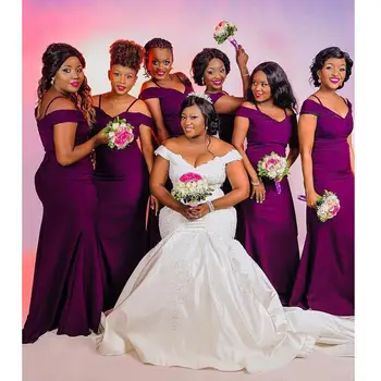 Новые элегантные фиолетовые атласные платья для свадебной вечеринки, длинное Африканское платье Русалки с открытыми плечами размера плюс, платье невесты
