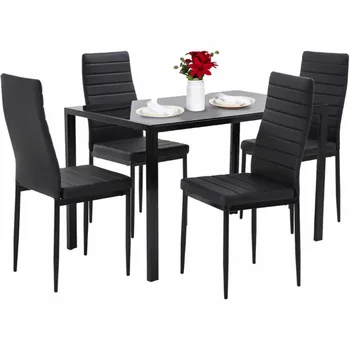 Обеденный стол SKONYON из 5 Частей, Рассчитанный на 4 Стеклянных Обеденных стола и 4 Стула Черного цвета