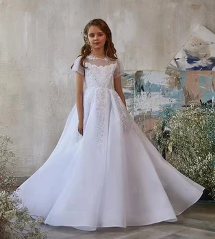 Платье для первого причастия на свадьбу С аппликациями Платья для девочек в цветочек Белый тюль Кружева Милое бальное платье с бисером на день рождения ребенка