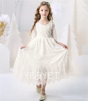 Платья для девочек в цветочек от 2 до 12 лет, Белое бежевое летнее платье с длинными рукавами, для причастия, для малышей, для крестин, для свадьбы, для подружек невесты
