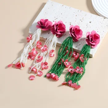Розово-зеленые лепестки цветов ручной работы с кисточками, бусины, серьги для женщин, пляжные украшения