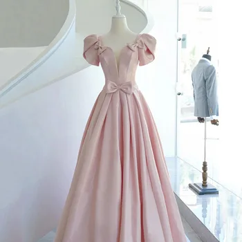 Розовое атласное вечернее платье с милым бантом, сетчатые платья принцессы с V-образным вырезом и пышными рукавами, Сетчатое вечернее платье с застежкой-молнией, без спинки, с небольшим прицепом, Формальное вечернее платье