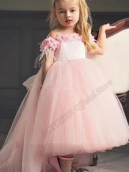 Розовое кружевное платье принцессы с 3D цветами для девочек-цветочниц, шлейф с большим бантом, платья для дня рождения, свадьбы, вечеринки для маленьких девочек, Костюмы на заказ