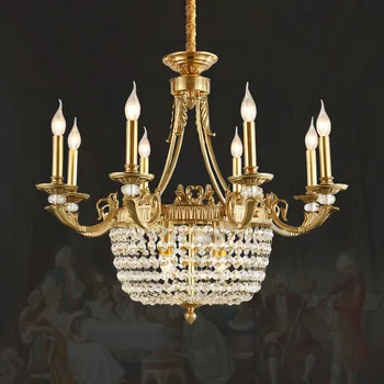 Роскошная подвесная лампа из латуни в европейском стиле рококо, столовая, Освещение спальни, Медная хрустальная люстра со свечами во французском стиле