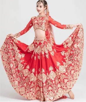 Роскошное женское Индийское платье-сари с вышивкой блестками, Красный свадебный топ, юбка, брюки с вуалью, шаровары