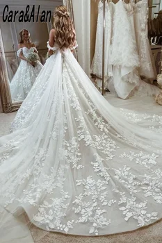Роскошные кружевные свадебные платья для невесты 2023 с аппликацией на плечах Винтажные свадебные платья Трапециевидной формы со шлейфом в часовне Abito Da Sposa