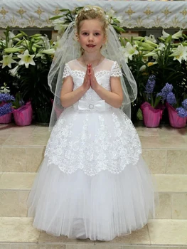 Свадебное платье для девочки в цветочек, детское платье для Первого причастия, выпускной вечер с рукавами-колпачками и поясом-бантом, vestidos para niñas 2023