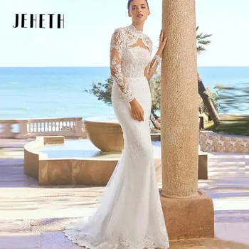 Свадебные платья JEHETH Mermaid для женщин 2024, кружевные аппликации, платья для невесты, сексуальные платья с открытой спиной и длинным рукавом, Элегантные Vestidos De Novia