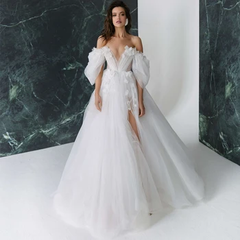 Свадебные платья из пышного тюля с разрезом сбоку, с открытыми плечами, свадебное платье с аппликацией в виде цветов, шлейф, большие размеры 2023 г.
