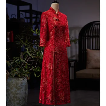 Сексуальное красное кружевное китайское классическое женское Ципао Ципао, элегантное свадебное вечернее платье, новинка