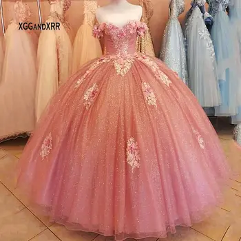 Сексуальные Милые Длинные Розовые платья Quinceanera 2023 Real Sweet 15 Тюлевое платье принцессы для выпускного вечера для девочек 16 Блестящее бальное платье для вечеринки
