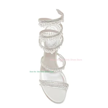 Сексуальные туфли на шпильках, украшенные кристаллами спиральные босоножки на щиколотке, роскошные женские летние вечерние сандалии с бриллиантами
