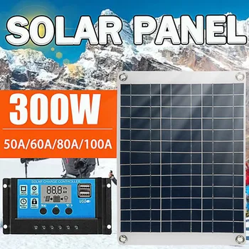 Солнечная панель мощностью 300 Вт, 12 В USB, портативное зарядное устройство для солнечных батарей для кемпинга, пеших прогулок и путешествий с контроллером 50-100A
