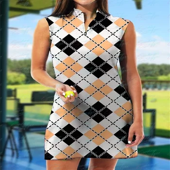 Спортивное платье для гольфа в геометрическую клетку без рукавов с принтом, модное платье для фитнеса, спортивное повседневное платье с принтом, дышащее быстросохнущее платье