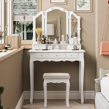 Туалетный столик с подсветкой, Складывающееся зеркало и табурет-подушка для макияжа Новый