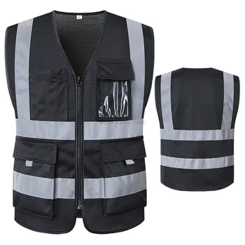 Черный светоотражающий жилет безопасности с карманами в полоску с высокой видимостью для мужчин и женщин Конструкция жилета Hi Vis