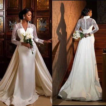 Элегантные свадебные платья Русалочки с длинными рукавами и V-образным вырезом, аппликации из блесток, 3D Кружевные оборки, пуговицы, атласный шлейф, свадебные платья больших размеров